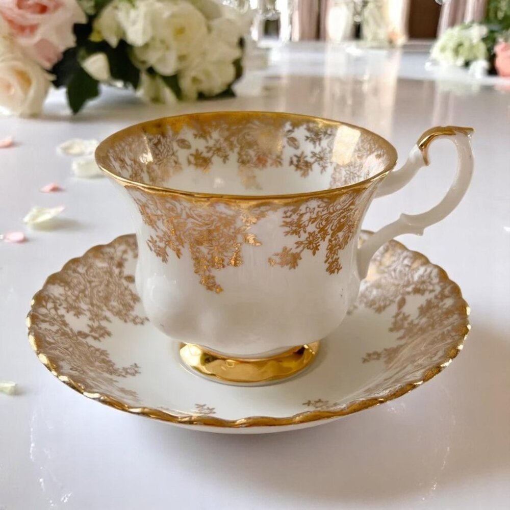 Elegant White Royal Albert Teacup & Saucer with Gold Filigree Made in England